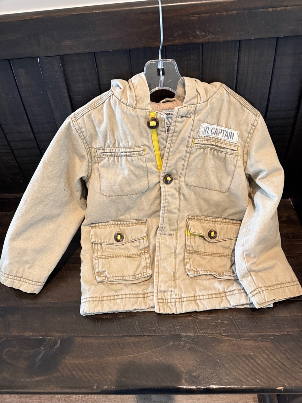 Kids' Tan Hooded Puffer Jacket with Yellow Trim - Jr. Captain